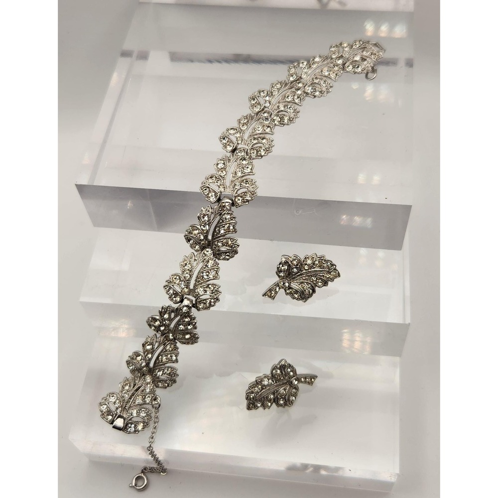 Vintage ORA Rhinestone Bracelet Clip Earrings Set Signed Silver Tone Bridal Glam